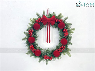 Vòng nguyệt quế Noel Châu nhung nơ đỏ ĐK 50cm VNGQ-X-39